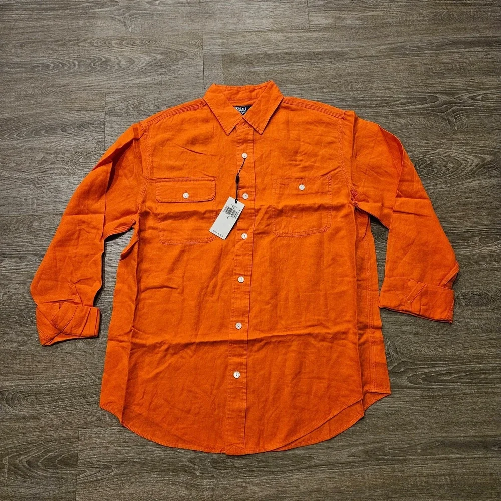 Polo Ralph Lauren Mens Large Solid Orange Button Up SS Linen Silk Workshirt